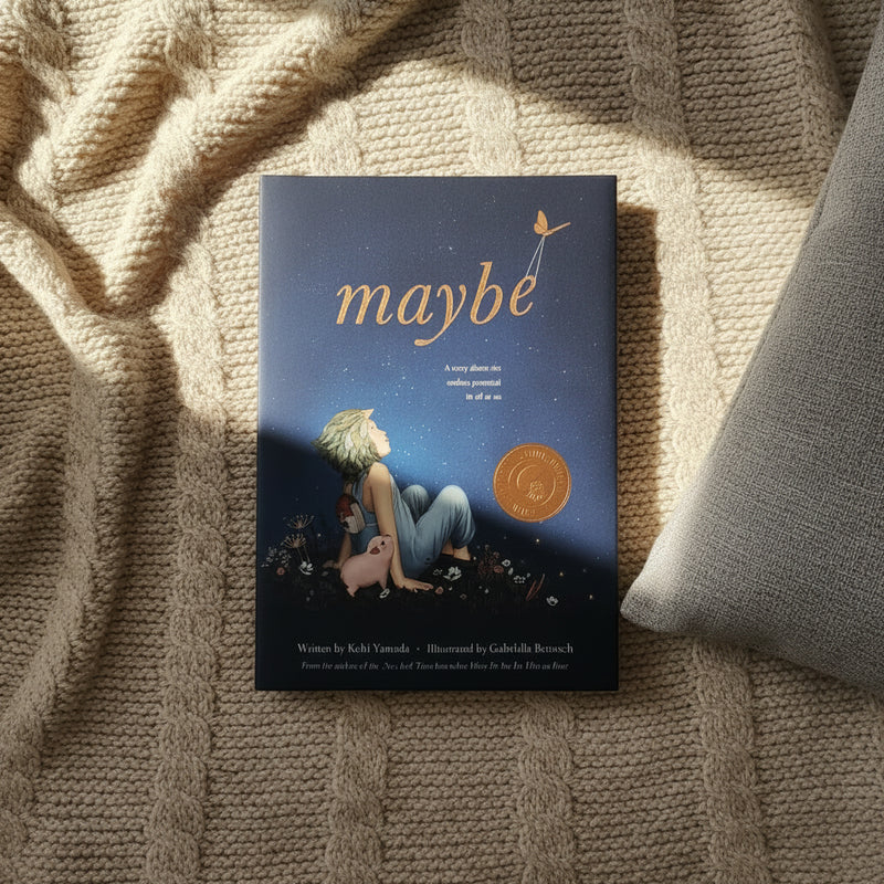 A book titled 'Maybe' with a illustration of a girl sitting under a starry sky and a crescent moon in the background.