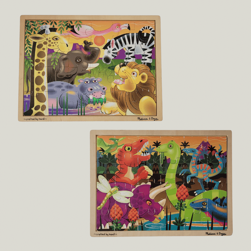 Two children's puzzles with animal illustrations on a white background