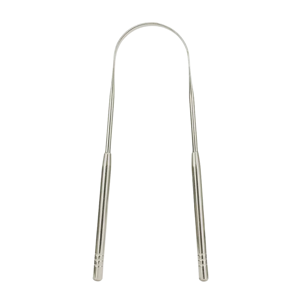 Metal tongue scraper on a white background