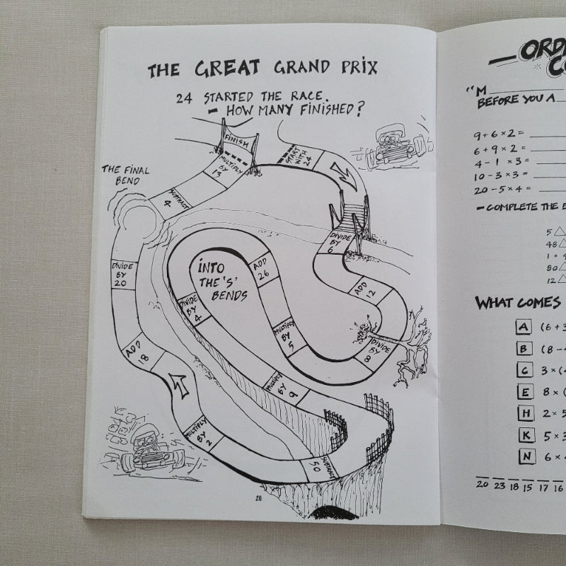 Hand-drawn board game layout titled 'The Great Grand Prix' in maths book