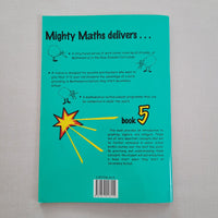 Back cover of a book titled 'Mighty Maths' with a star graphic and text on a teal background.