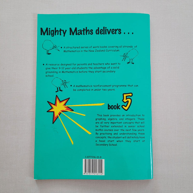 Back cover of a book titled 'Mighty Maths' with a star graphic and text on a teal background.