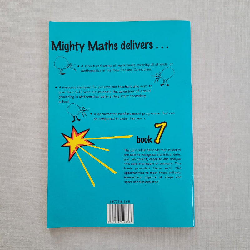 Back cover of a book titled 'Mighty Maths book 7' with a blue background and colourful design elements.