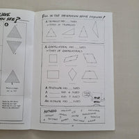 Open book with geometric shapes and questions on a plain background
