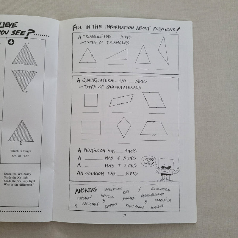Open book with geometric shapes and questions on a plain background