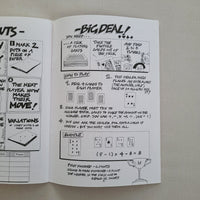Open book with black and white illustrations and text on a light gray background