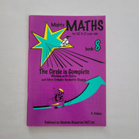 Purple math textbook with colourful graphics on a gray background