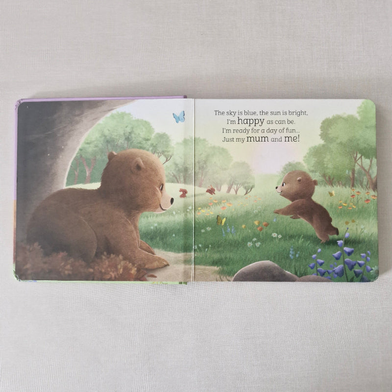 Children's book with bear illustrations on a light gray background