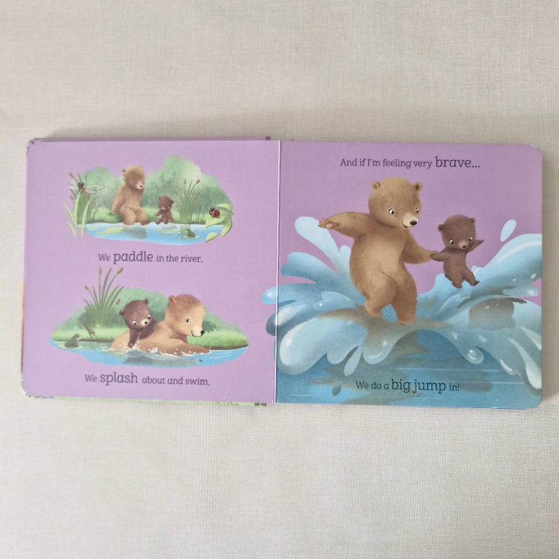 Children's book with bear illustrations on a light gray background