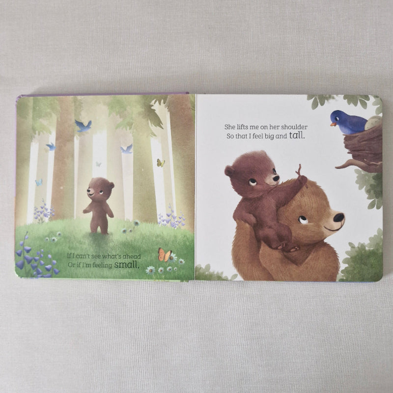 Children's book with bear illustrations on a textured surface