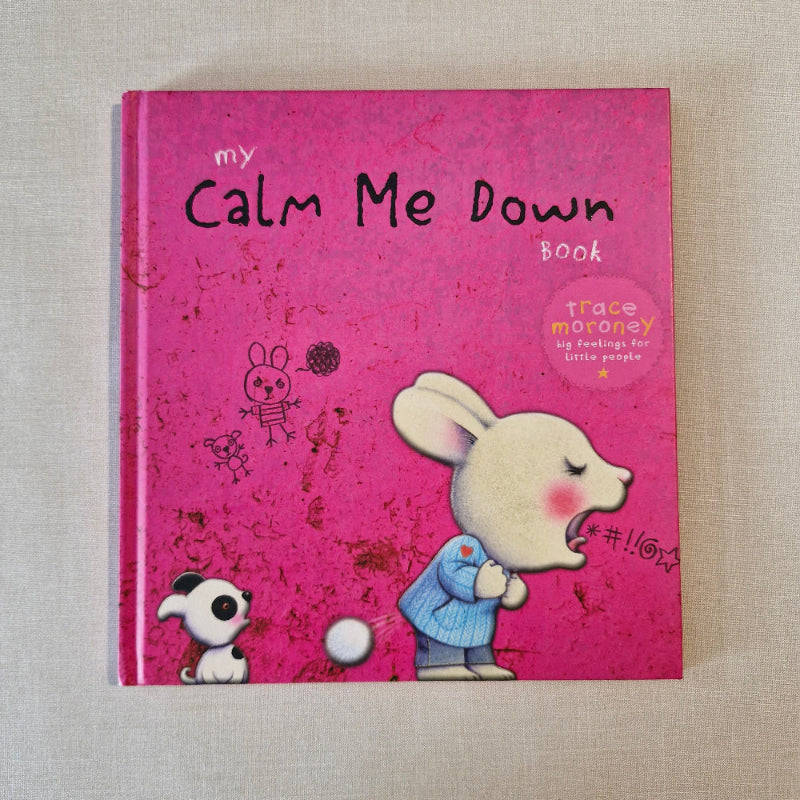 Pink children's book titled 'Calm Me Down' with cartoon character on a beige background