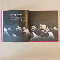 Illustrated book page with a character in a stormy sea, featuring text about feelings.
