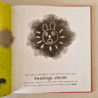 Open book with a black inkblot and text on a beige background