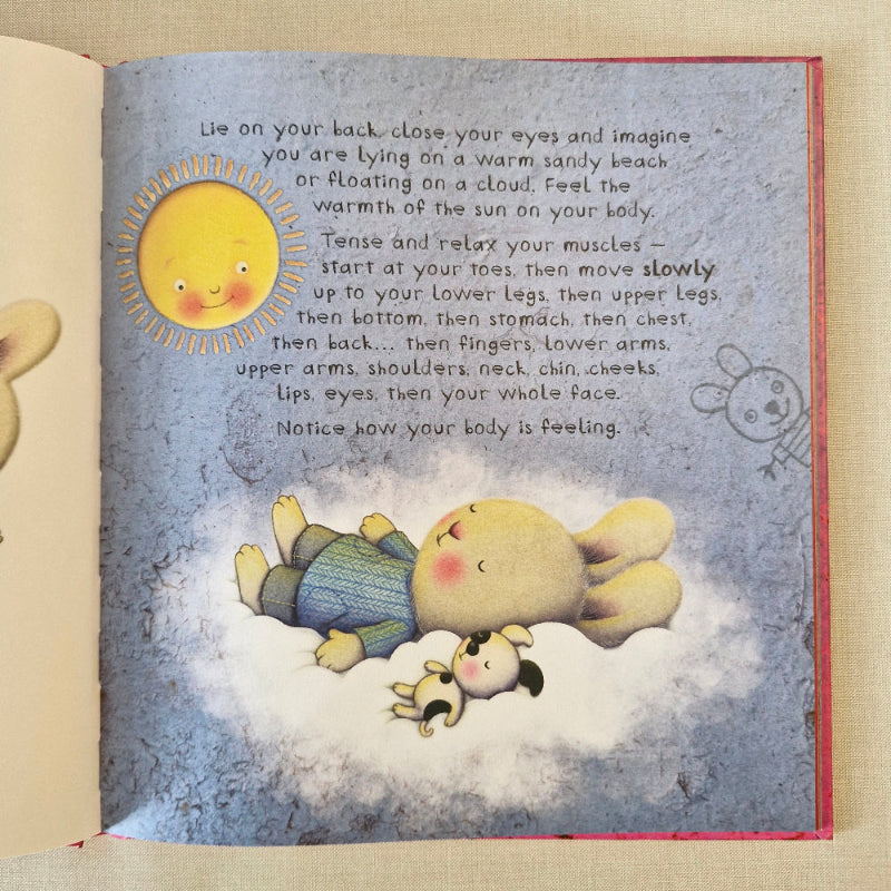 Illustration of a bunny and a dog laying on a cloud on a textured background