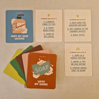 Set of cards with illustrations and text on a textured beige background