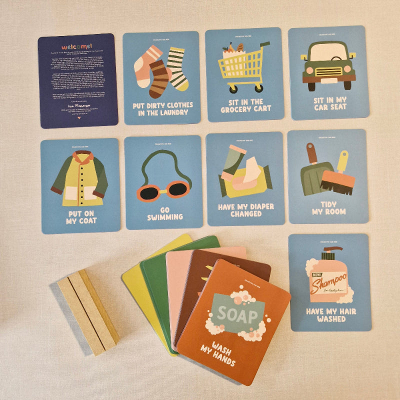 Set of illustrated cards with various scenes and objects on a beige background