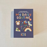 Children's routine cards box titled 'My Daily Routine' by Collective Hub Kids on a beige background