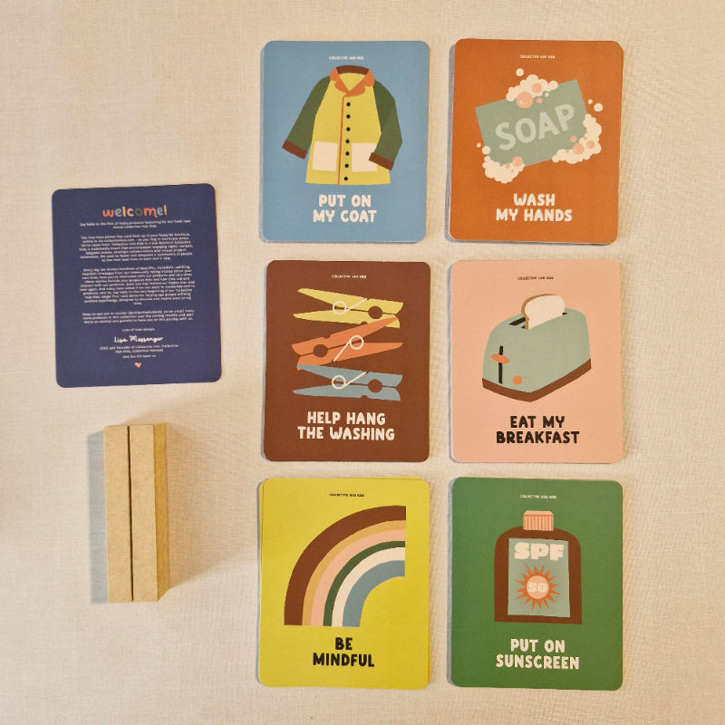 Set of educational cards with illustrations and text on a beige background