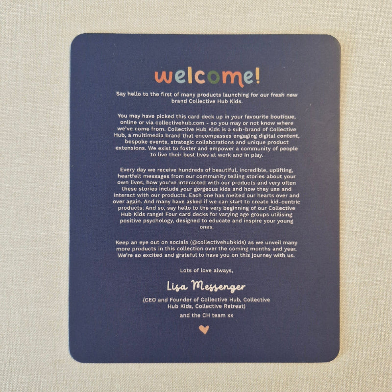 Navy blue card with colorful text on a textured beige background