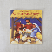 Book cover of 'My Little Christmas Story' with a nativity scene illustration on a textured grey background.