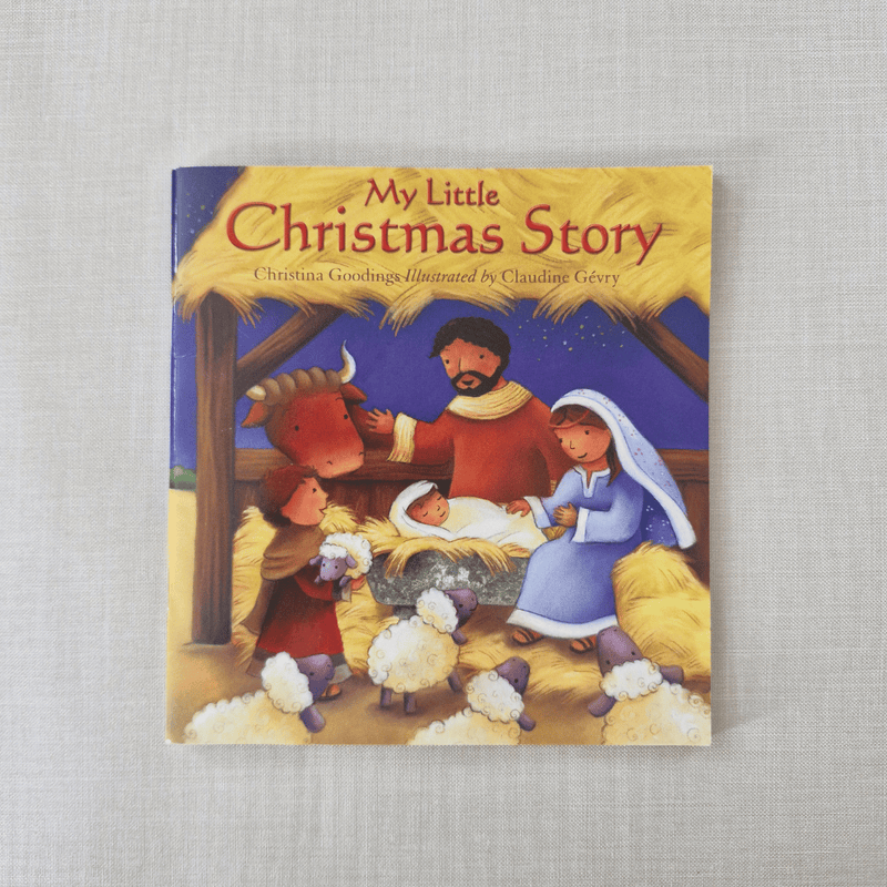 Book cover of 'My Little Christmas Story' with a nativity scene illustration on a textured grey background.