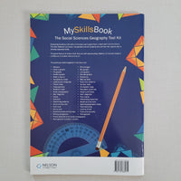 Back cover of a book titled 'MySkillsBook' with geometric design and pencil on a gray background