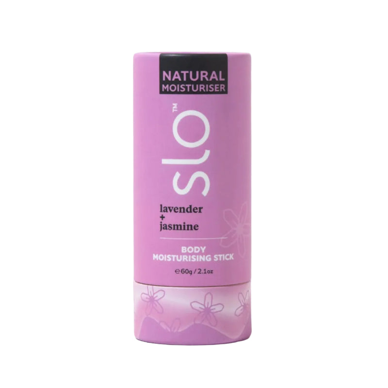 Lavender and Jasmine body moisturizing stick. Purple packaging with 'slo' branding on a white background