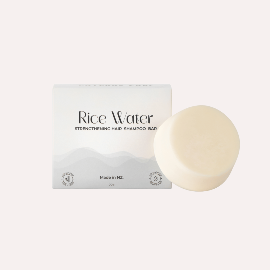 Rice Water strengthening hair shampoo bar with packaging on a white background