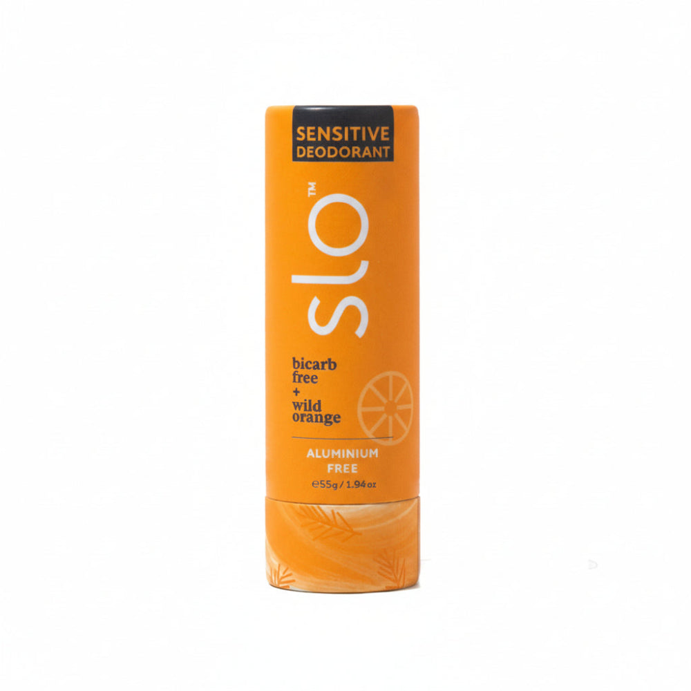 SLO sensitive wild orange deodorant packaging with orange and black design on a white background