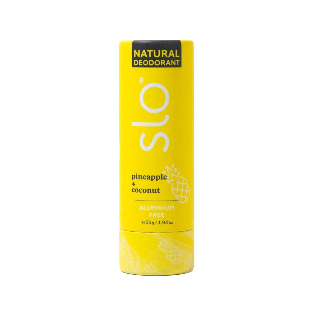 Pineapple and Coconut natural deodorant stick with yellow packaging with 'SLO' branding on a white background