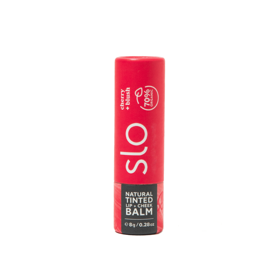 Red lip balm tube with 'SLO' branding on a white background