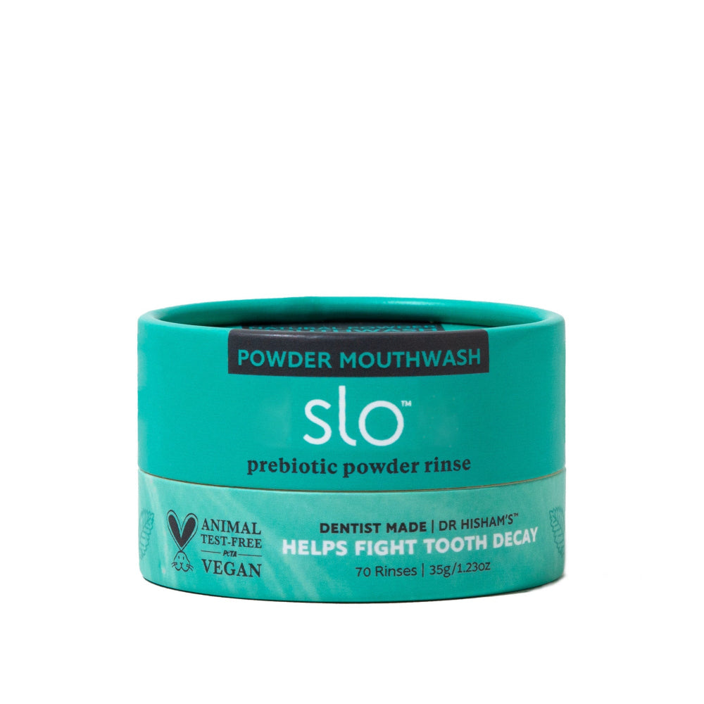 A teal and mint green tub of slo prebiotic powder rinse on a solid white background.