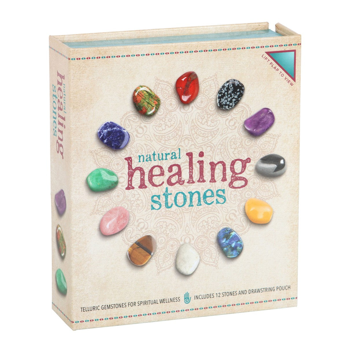 Box with text natural healing stones, with 12 pictures of different gemstones in a circle around the words, white background