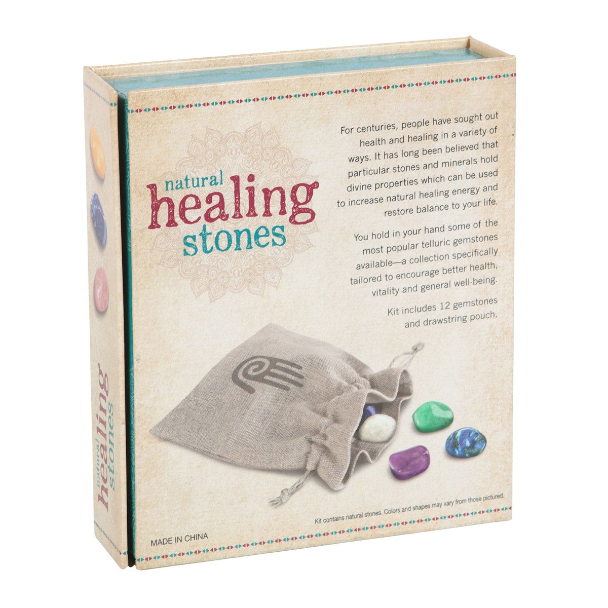 Back of box with title natural healing stones, blurb about the product and picture of gemstones falling out of a bag. White background