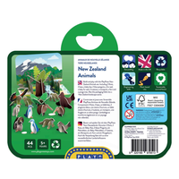 Packaging of New Zealand Animals toy set with illustrations and branding details.