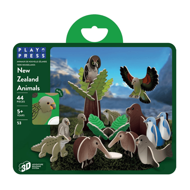 Packaging of Play Press New Zealand Animals toy set with toy figures on a scenic background