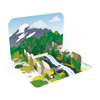 3D landscape model with mountains, trees, and a stream on a white background