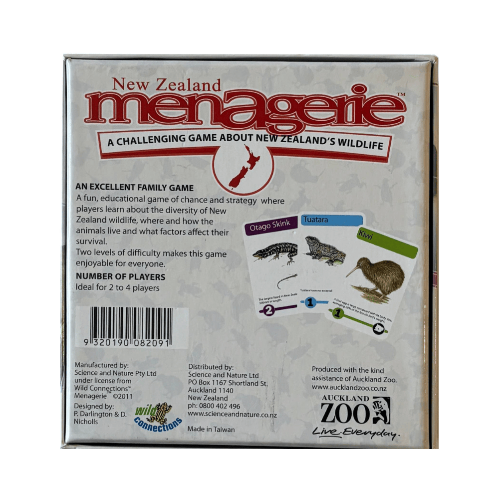 Back of a New Zealand Menagerie game box with text and graphics about the game.