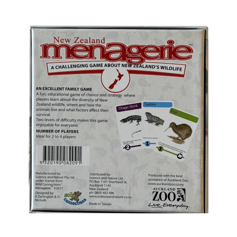 Back of a New Zealand Menagerie game box with text and graphics about the game.
