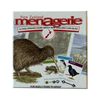 Board game box for 'New Zealand Menagerie' featuring a kiwi bird and wildlife cards on a white background.