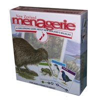 Board game box for 'New Zealand Menagerie' featuring a kiwi bird and wildlife cards on a white background.