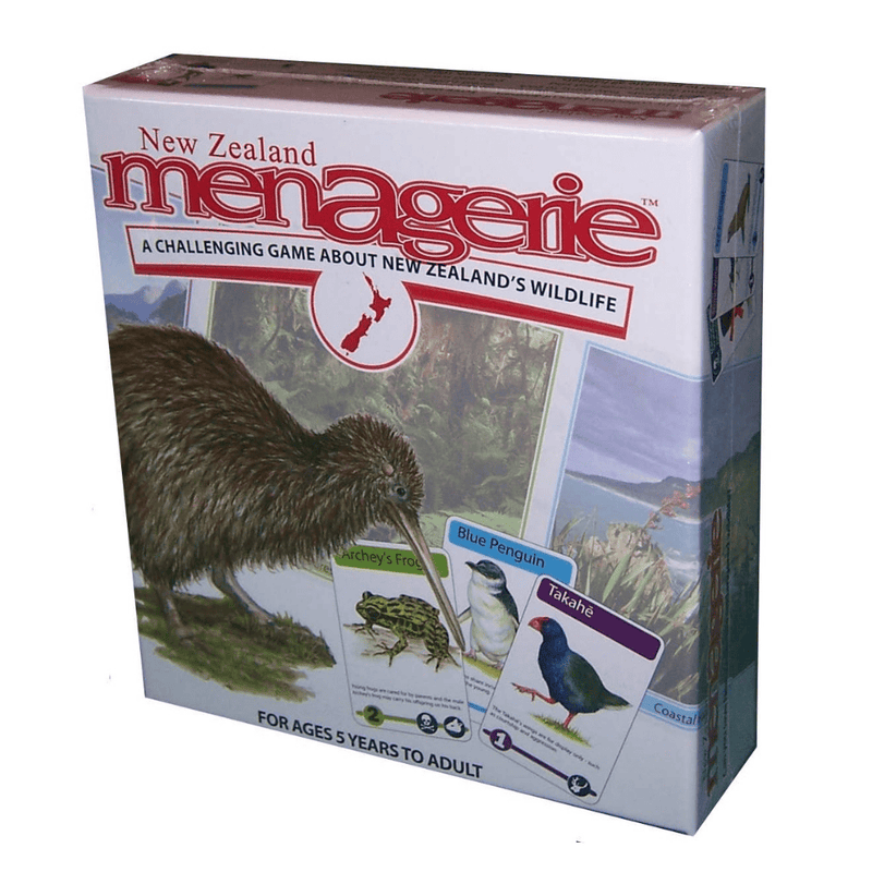 Board game box for 'New Zealand Menagerie' featuring a kiwi bird and wildlife cards on a white background.
