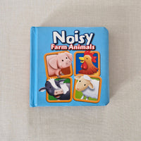 Children's book titled 'Noisy Farm Animals' with illustrations of farm animals on a blue background.