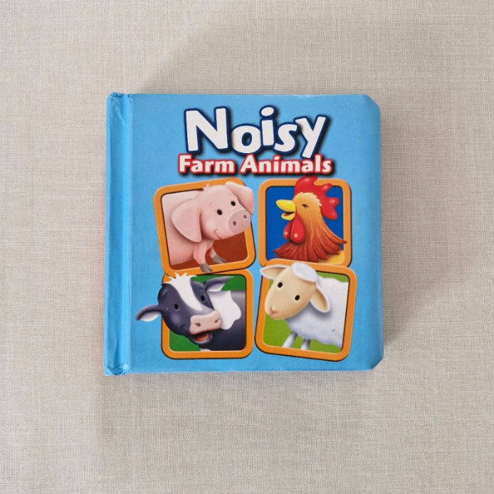 Children's book titled 'Noisy Farm Animals' with illustrations of farm animals on a blue background.