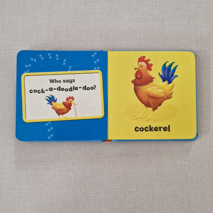 Children's book with a rooster illustration on a gray background