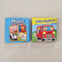 Two children's books titled 'Noisy Engines!' and 'Noisy Farm Animals' on a textured surface.