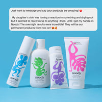 Noody skincare products with a blue background and customer testimonial above.