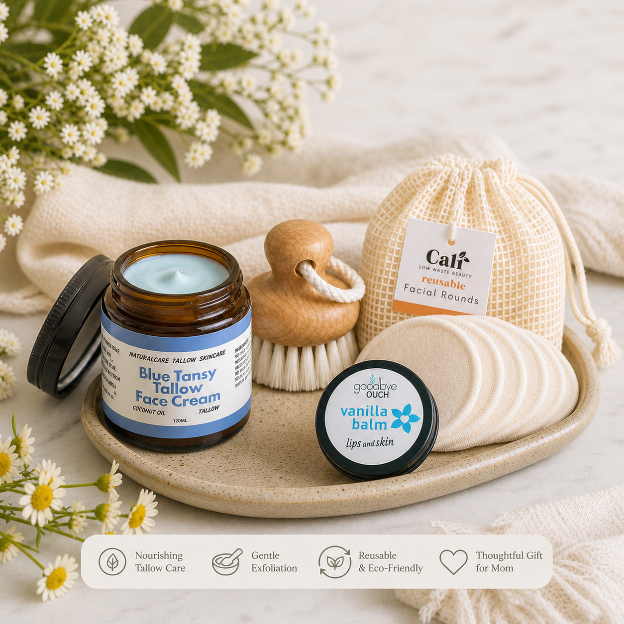 nourish and care bundle featuring blue tansy tallow balm, vanilla balm, reusable cotton facial rounds and beechwood face brush