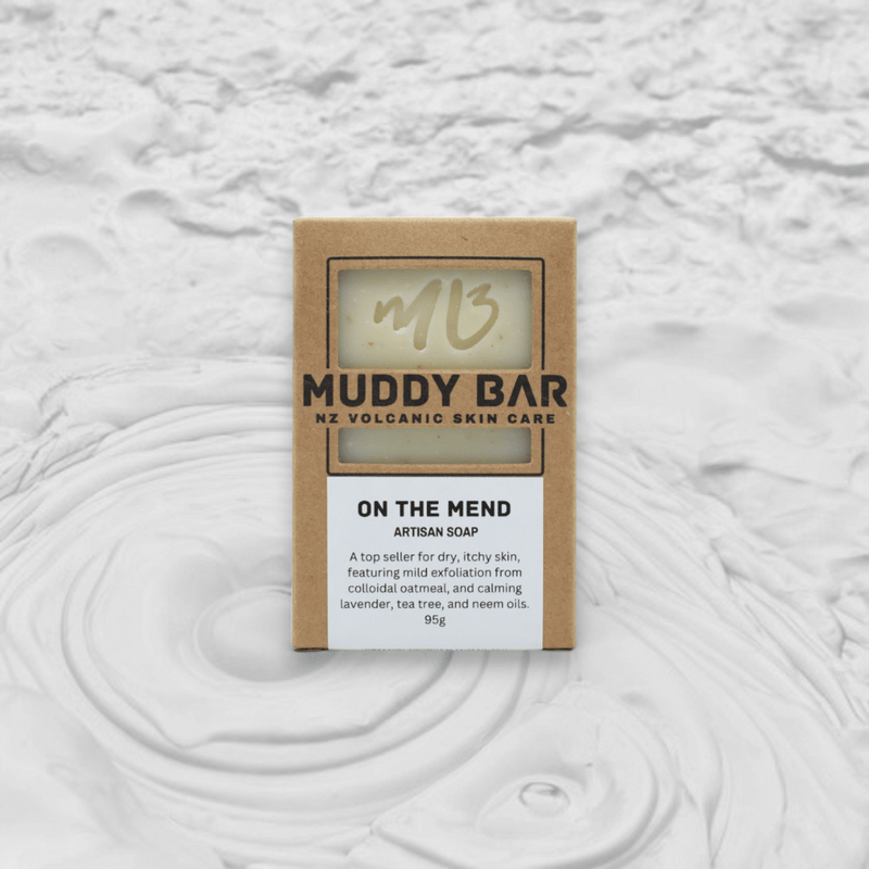 Muddy Bar NZ volcanic skin care soap packaging on a textured white background