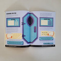 Open book with illustrated panels on a plain background